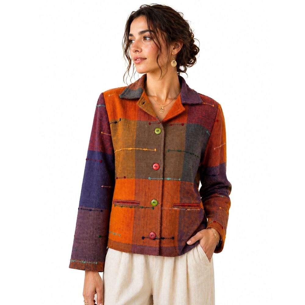 Boho Artisan Woven Jacket Colorblock Cropped Statement 100% Cotton Size Small